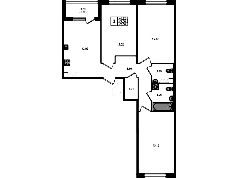 3-комнатная квартира 74.06 м², 4/5 эт., ЖК «Plus Пулковский»